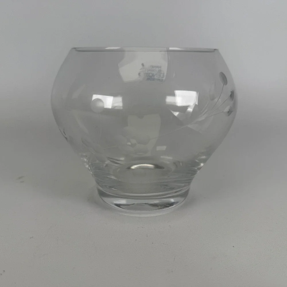 Lenox Hand Blown Crystal Bowl Etched Floral Rose Bowl Clear Glass Vintage Q1